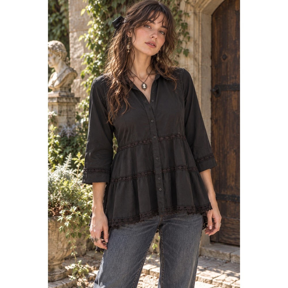 Black Cotton Lace Tunic Blouse L Victorian Whimsigoth Prairie Soft Surroundings